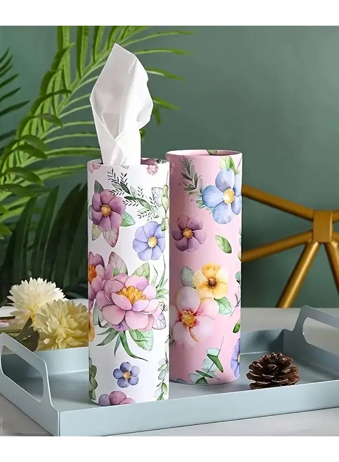 White Floral Print Car Tissue Box Holder Round Durable Stylish Vehicle Interior Decor - Image 2