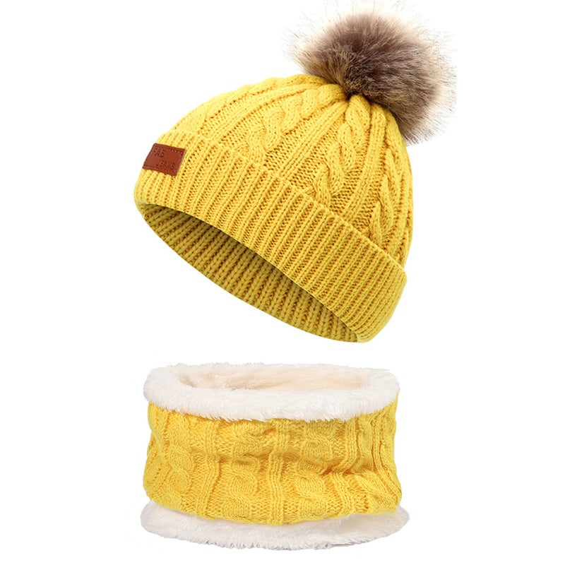 Kids Knit Beanie Scarf Set Winter Warm Pom-Pom Yellow scarf  - Image 3