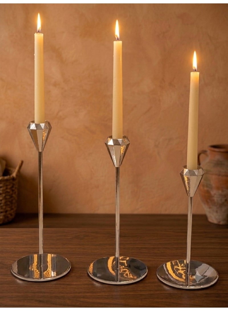 Set of 3 Silver Diamond-Shaped Candlestick Holders for Dining Table & Home Decor