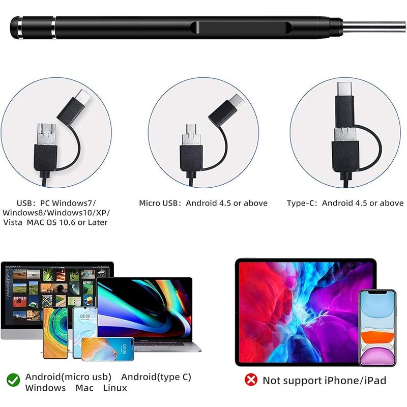 Jiusion 3.9mm Ultra-Thin Portable USB Digital Otoscope Camera with Carrying Case, HD 720P 6 LED Visual Ear Scope with 3 Hats 2 Silicone Caps 8 Earwax Spoons for Android Windows Mac NOT for iPhone iPad - Image 5