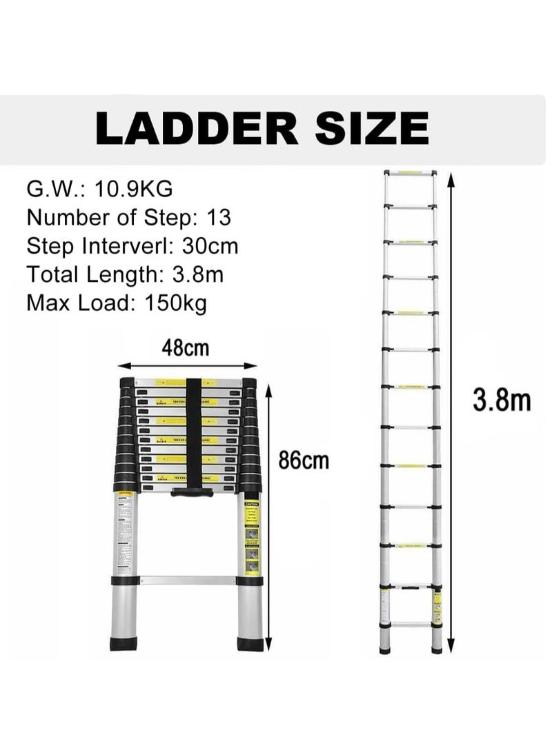 Telescopic Ladder 3.8 m - Aluminium Telescopic Ladder - Extendable Ladder - Non-slip - Easy to Carry - EN131 - Maximum Load 150 kg - Image 2