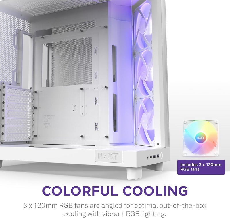 H6 Flow RGB CC-H61FW-R1 Compact Dual-Chamber Mid-Tower Airflow Case Includes 3 x 120mm RGB Fans Panoramic Glass Panels High-Performance Airflow Panels Cable Management White - Image 4