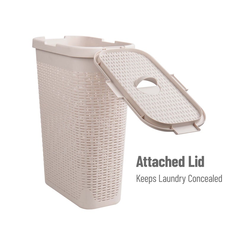Mind Reader Slim Laundry Hamper with Lid, 40L Clothes Basket, Narrow Tapered Design with Ventilated Cutout Pattern, Plastic, Set of 2, Ivory - Image 5
