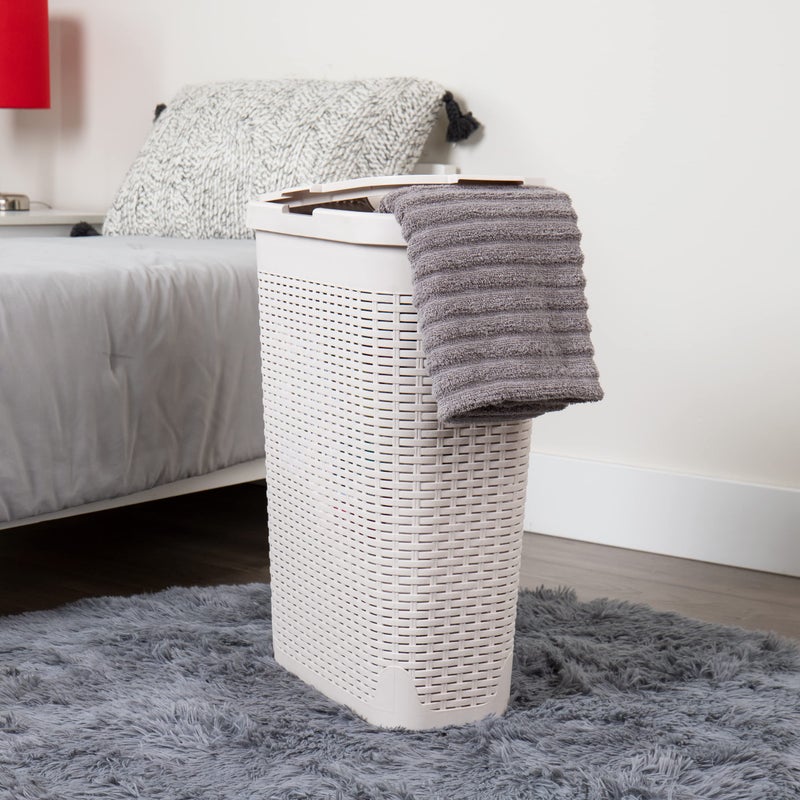 Mind Reader Slim Laundry Hamper with Lid, 40L Clothes Basket, Narrow Tapered Design with Ventilated Cutout Pattern, Plastic, Set of 2, Ivory - Image 2