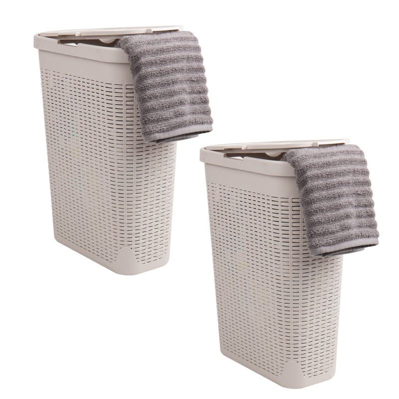 Mind Reader Slim Laundry Hamper with Lid, 40L Clothes Basket, Narrow Tapered Design with Ventilated Cutout Pattern, Plastic, Set of 2, Ivory - Image 1