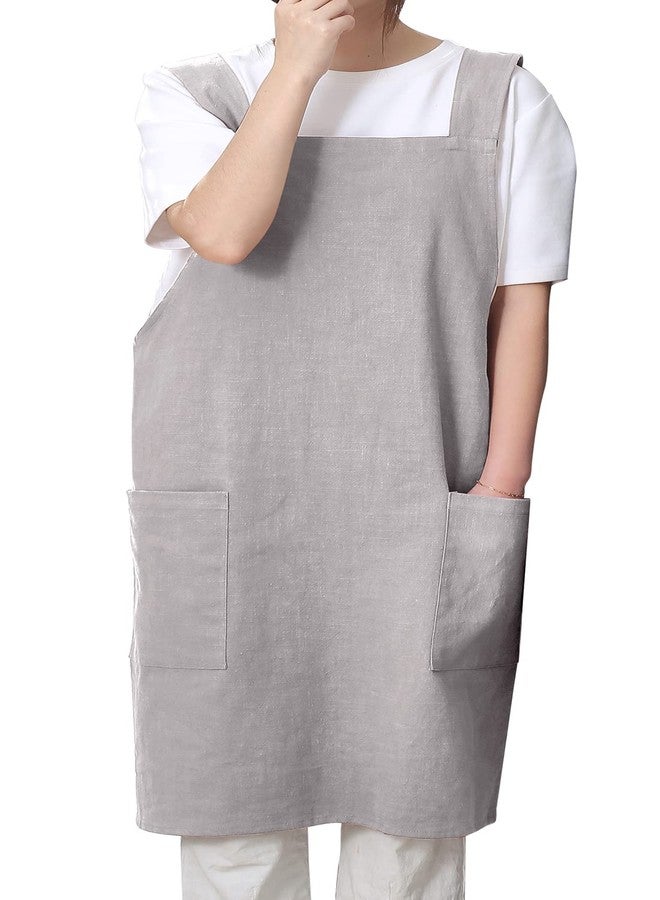 Tobyan Soft Cotton Linen Apron for Women - Non-tie Cross Back Apron with Pockets, Great for Florist and Kitchen (Light Grey) - Image 2