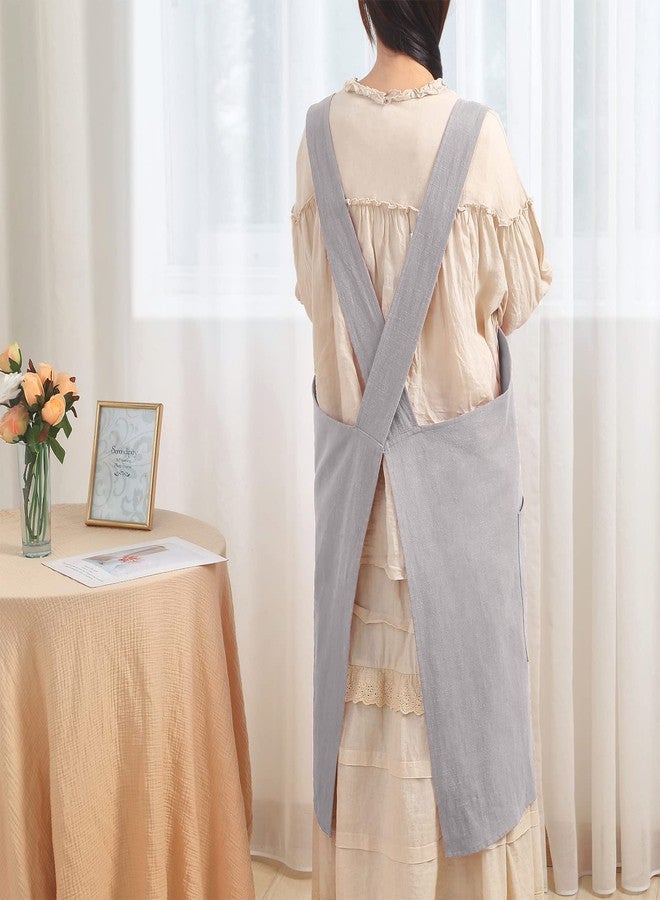 Tobyan Soft Cotton Linen Apron for Women - Non-tie Cross Back Apron with Pockets, Great for Florist and Kitchen (Light Grey) - Image 3