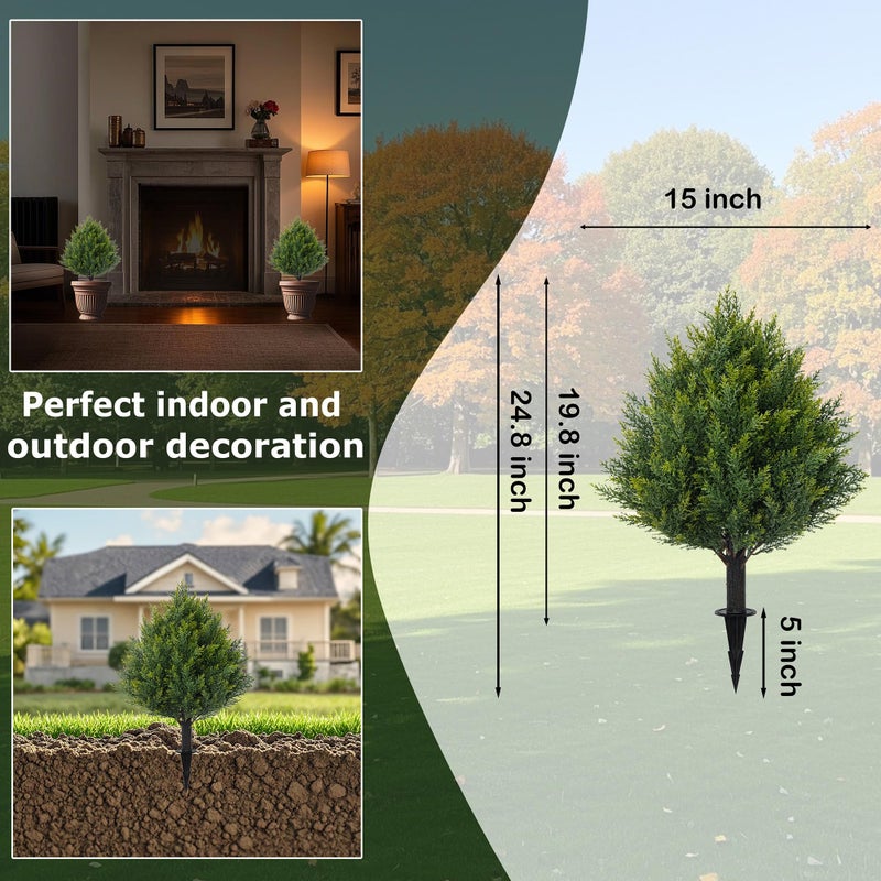 ECOLVANT 24.8" Artificial Cedar Topiary Ball Trees with Ground Spike, Set of 2 Faux Cypress Plants UV Resistant Artificial Pine Shrubs Fake Bushes for Outdoor Indoor Front Porch Garden - Image 4