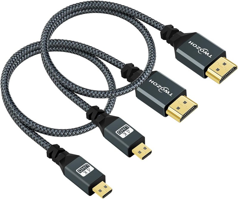 توزوه عبوة تحتوي على كابلين من نوع Micro HDMI إلى HDMI بطول 0.3 متر، مصنوعين من خيوط النايلون المنسوجة، يدعمان تقنيات 3D و4K بمعدل 60 هرتز ودقة 18 جيجابت في الثانية و2160p، ومناسبين لأجهزة مثل GoPro Hero7/8/9 وRaspberry Pi 4. - Image 1