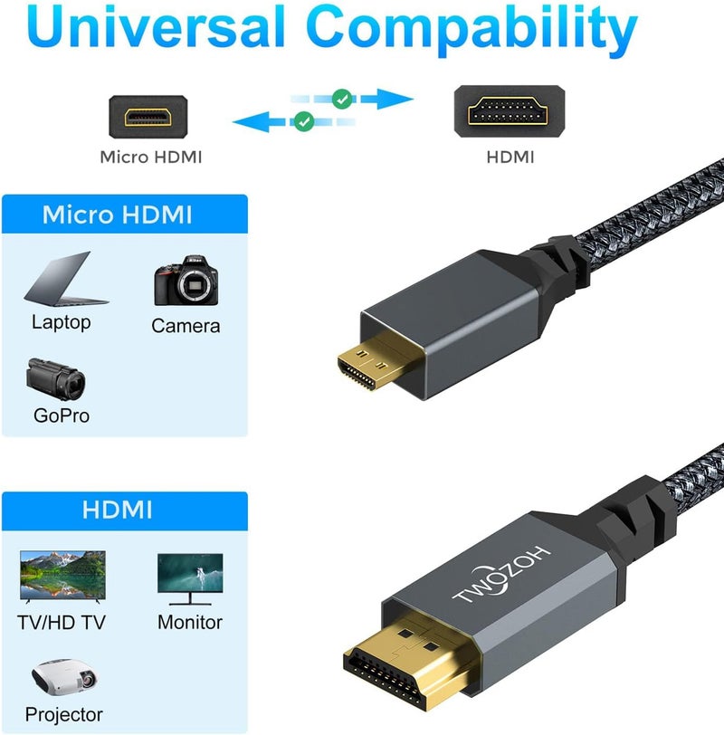 توزوه عبوة تحتوي على كابلين من نوع Micro HDMI إلى HDMI بطول 0.3 متر، مصنوعين من خيوط النايلون المنسوجة، يدعمان تقنيات 3D و4K بمعدل 60 هرتز ودقة 18 جيجابت في الثانية و2160p، ومناسبين لأجهزة مثل GoPro Hero7/8/9 وRaspberry Pi 4. - Image 5