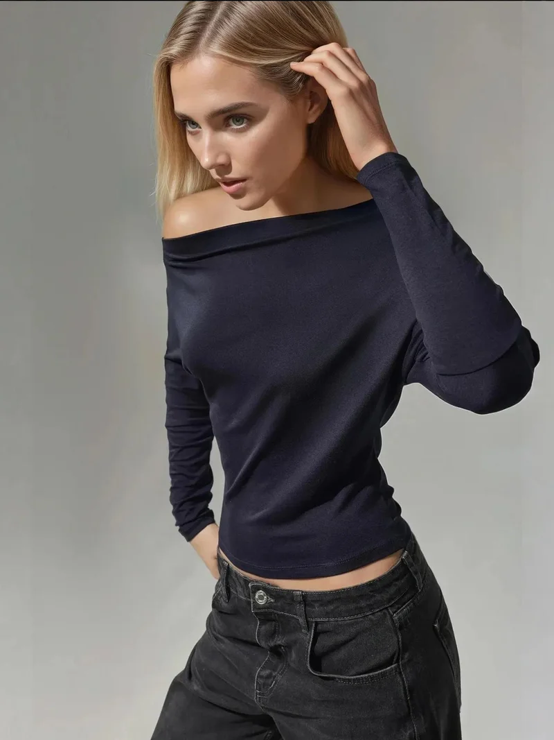 HICCUP Asymmetrical Collar Long Sleeve Elastic Knit T-Shirt