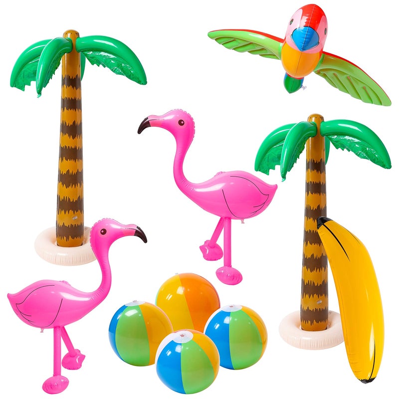 R HORSE 10 Pcs Inflatable Palm Tree Flamingo Banana Beach Ball Parrot Beach Pool Toys for Tropical Hawaiian Luau Party Summer Pool Party Decorations - Image 2