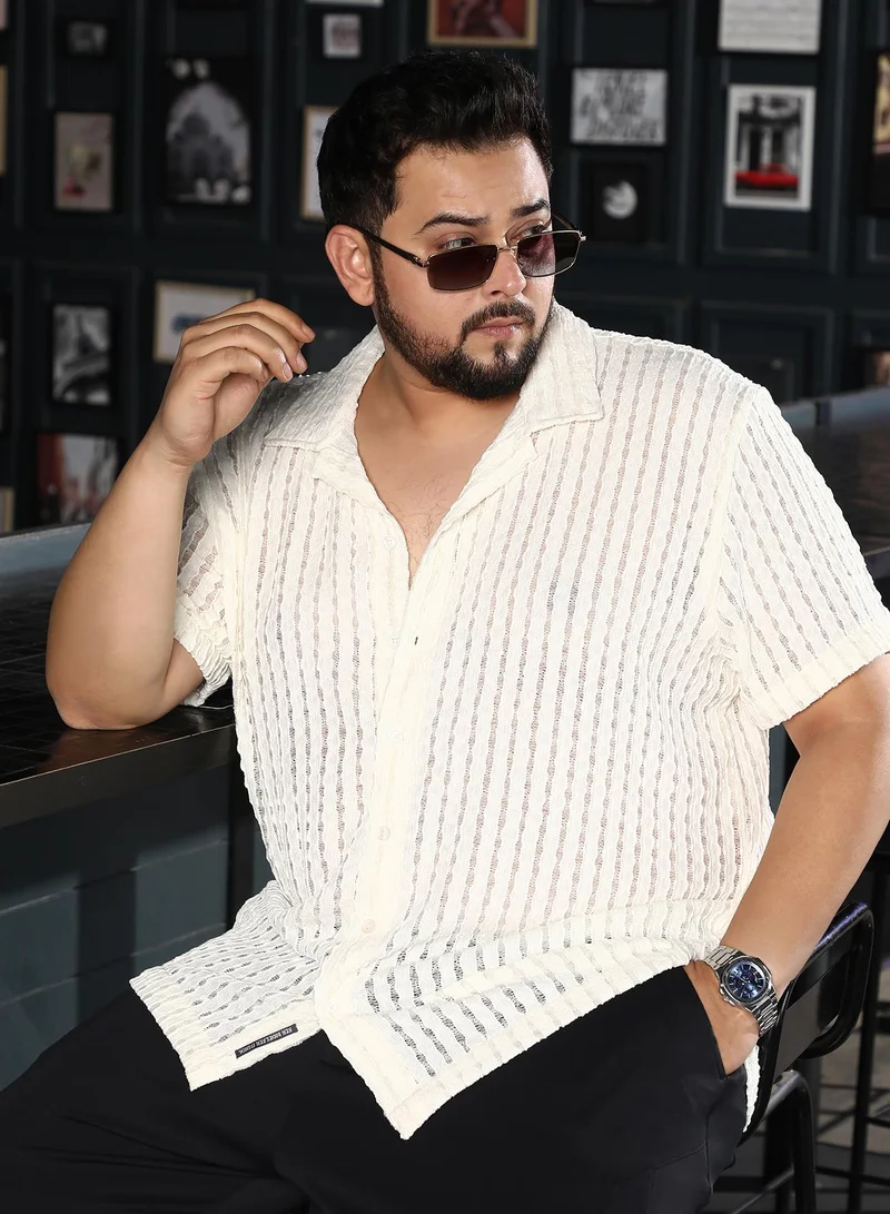 انستافاب بلس Men Striped Tactile-Knit Oversized Shirt | Cuban Collar, Short Sleeves | Button Closure, Straight Hem | Solid Textured | Knit Fabric For Plus Size Casual & Daily Wear | Cloud White