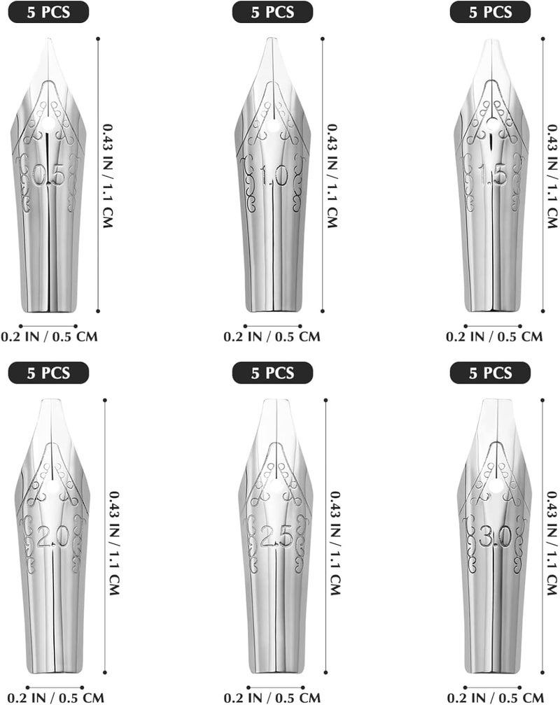 Excefore 30Pcs Stainless Steel Fountain Pen Nibs, Replacement Nibs Set For Calligraphy And Writing, Various Sizes For Kids, Adults, And Students(0.5+1+1.5+2+2.5+3Mm Each 5Pcs) - Image 2