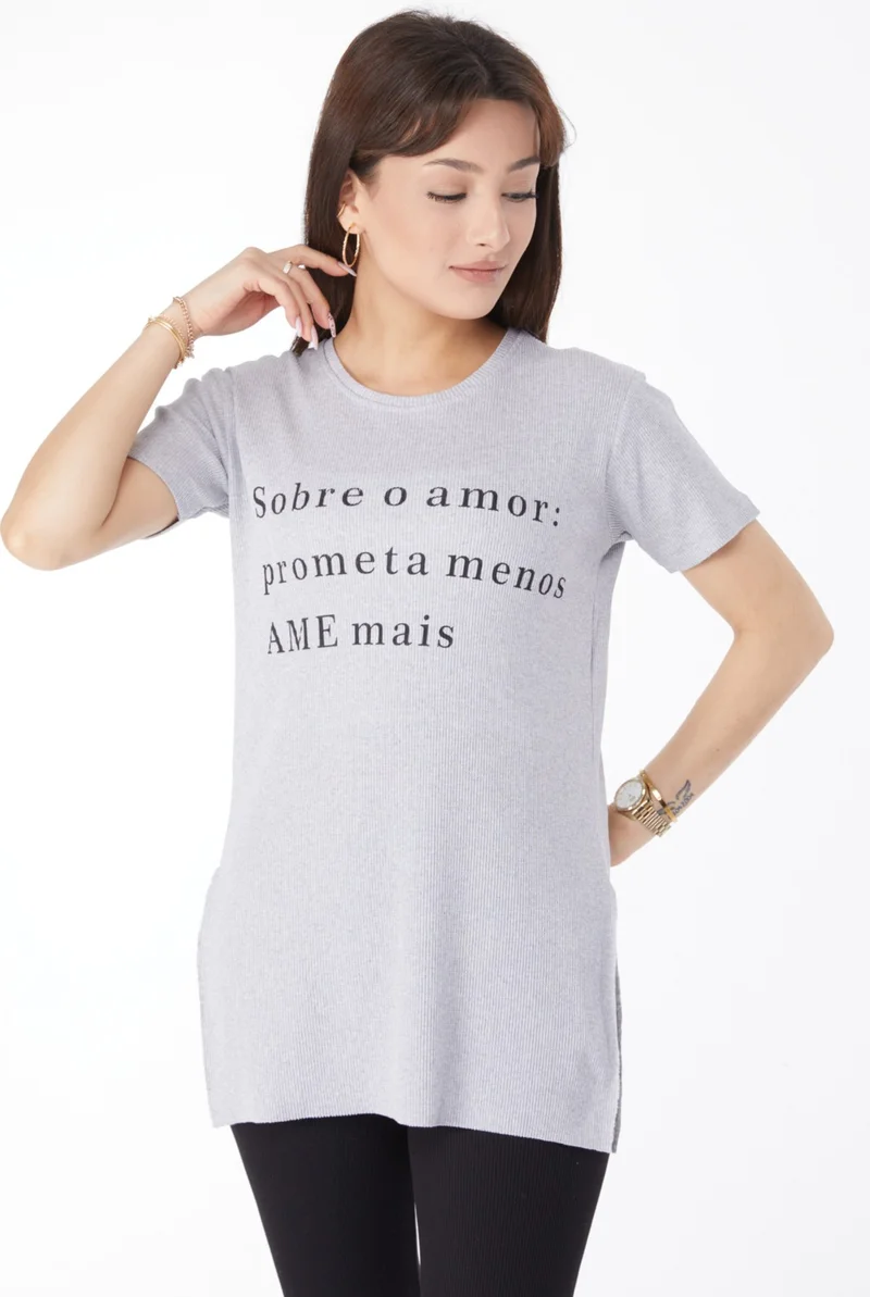 Tofisa Plain Crew Neck Women's Gray Printed Slit T-Shirt - 24792