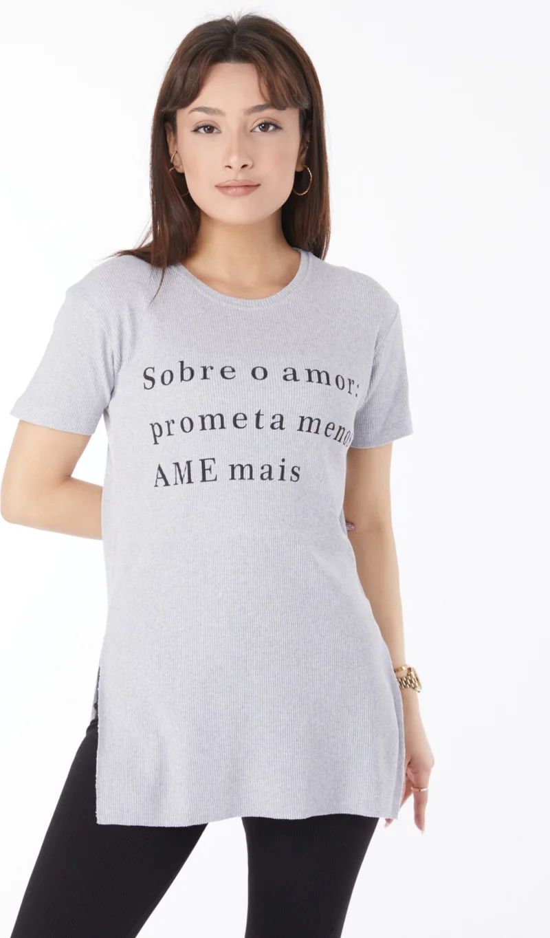Tofisa Plain Crew Neck Women's Gray Printed Slit T-Shirt - 24792