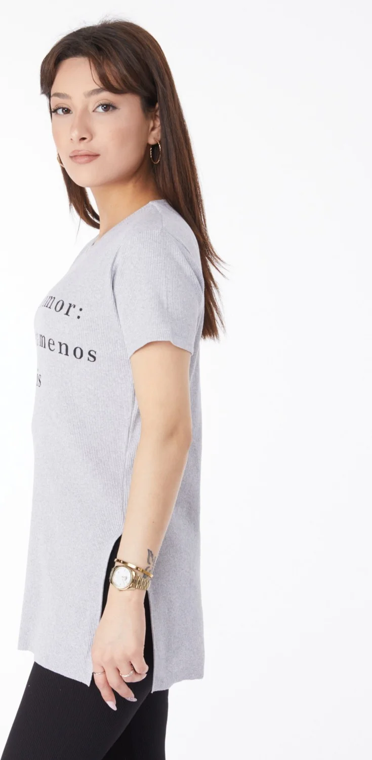 Tofisa Plain Crew Neck Women's Gray Printed Slit T-Shirt - 24792