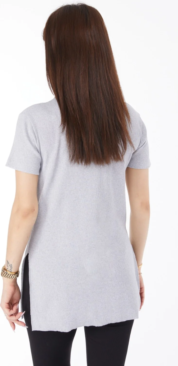 Tofisa Plain Crew Neck Women's Gray Printed Slit T-Shirt - 24792