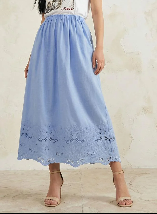 Iconic Iconic Midi Cotton Embroidered Hem Skirt with Pleat Detail