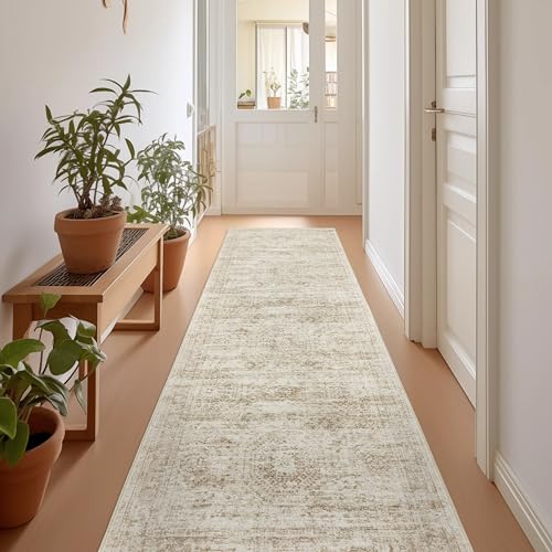Restydon Rug Runners for Hallways Non Slip - 2x8 Runner Rug for Bedroom, Washable Runner with Rubber Backing, Soft Low-Pile Carpet for Kitchen, Laundry, Bathroom (2'x8', Beige/Ivory) - Image 1