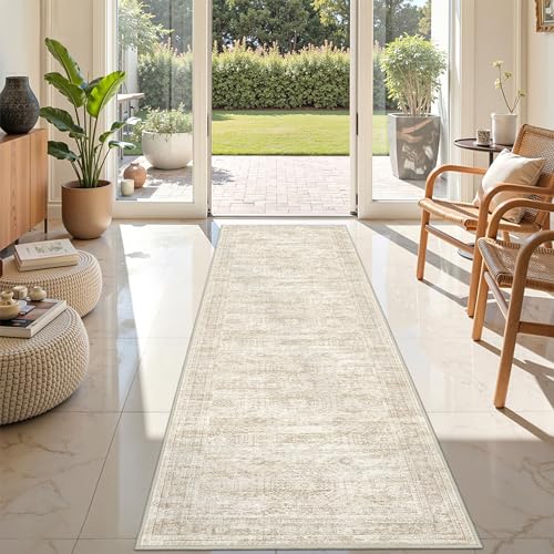 Restydon Rug Runners for Hallways Non Slip - 2x8 Runner Rug for Bedroom, Washable Runner with Rubber Backing, Soft Low-Pile Carpet for Kitchen, Laundry, Bathroom (2'x8', Beige/Ivory) - Image 2
