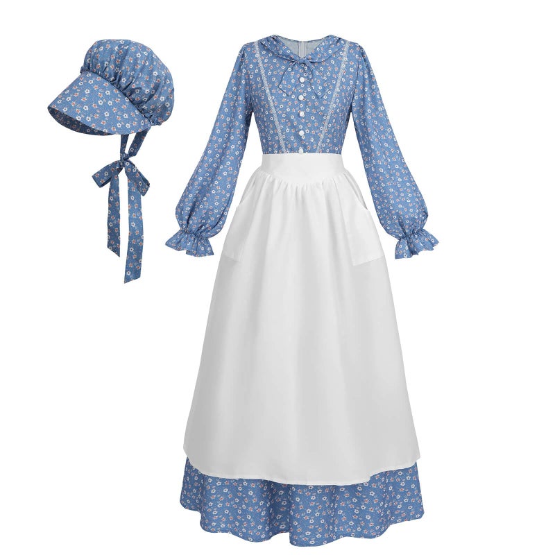 Nuoqi Prairie Dress Women Colonial Pioneer Dress with Bonnet Adult Colonial Costumes Blue S - Image 1