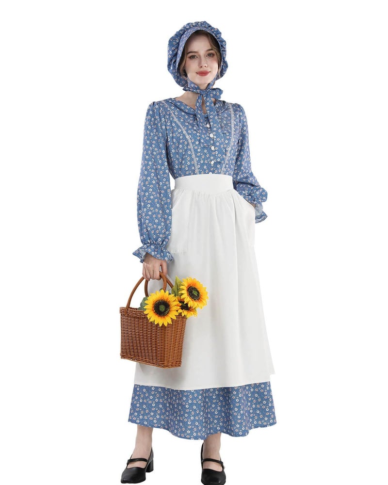 Nuoqi Prairie Dress Women Colonial Pioneer Dress with Bonnet Adult Colonial Costumes Blue S - Image 2