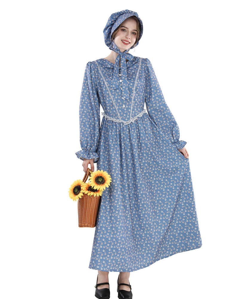 Nuoqi Prairie Dress Women Colonial Pioneer Dress with Bonnet Adult Colonial Costumes Blue S - Image 4