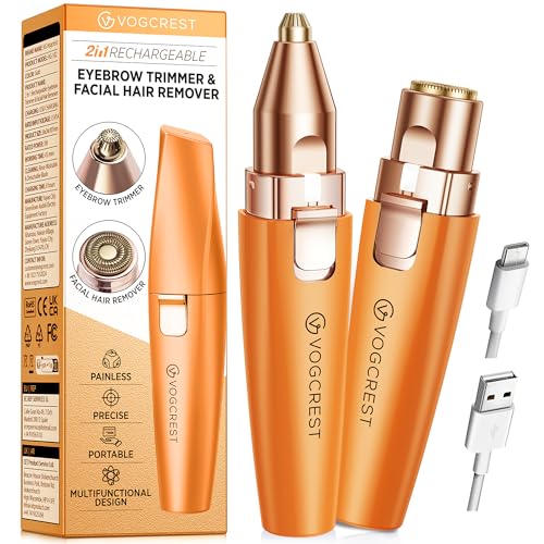 VG VOGCREST مقلم الحواجب والوجه 2 في 1 قابل لإعادة الشحن لإزالة شعر الوجه وحواجب وشفر الوجه والشفاه والجسم بدون ألم مع ضوء LED مدمج برتقالي - Image 1