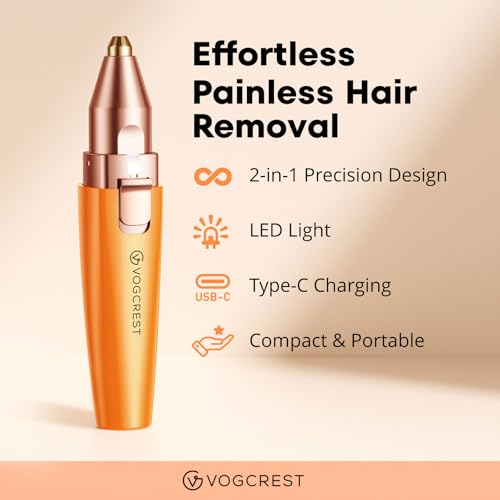 VG VOGCREST مقلم الحواجب والوجه 2 في 1 قابل لإعادة الشحن لإزالة شعر الوجه وحواجب وشفر الوجه والشفاه والجسم بدون ألم مع ضوء LED مدمج برتقالي - Image 3