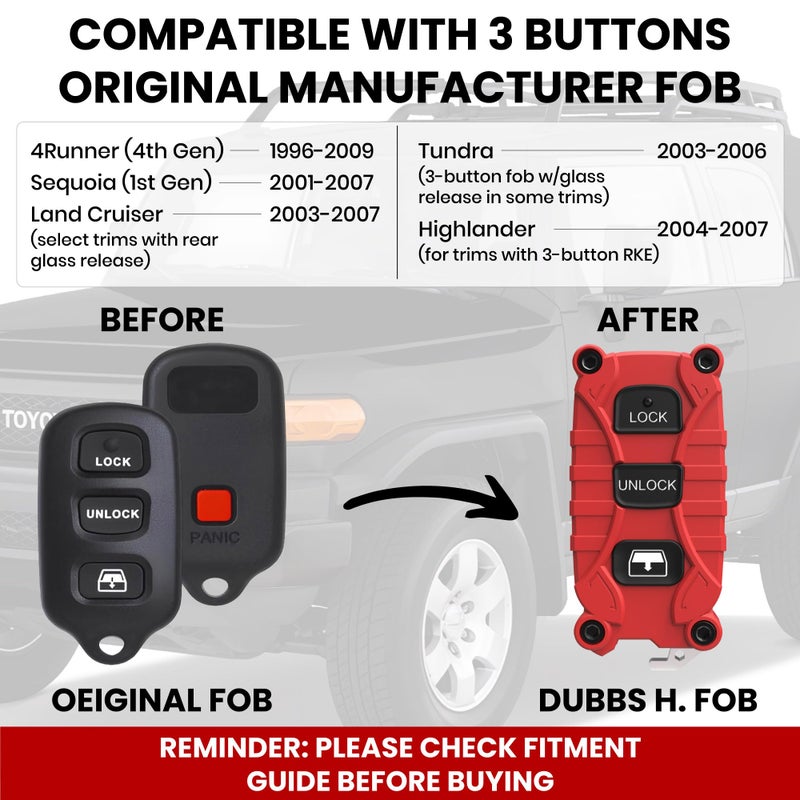 Dubbs Hardware Toyota 4Runner 1996-2009 Key Fob - Heavy Duty 3 Button - Also fits Highlander 2004-2007. Lock Unlock Panic - Housing Case with Bottle Opener -No Electronics Included - (Red, 3 Button ) - Image 5