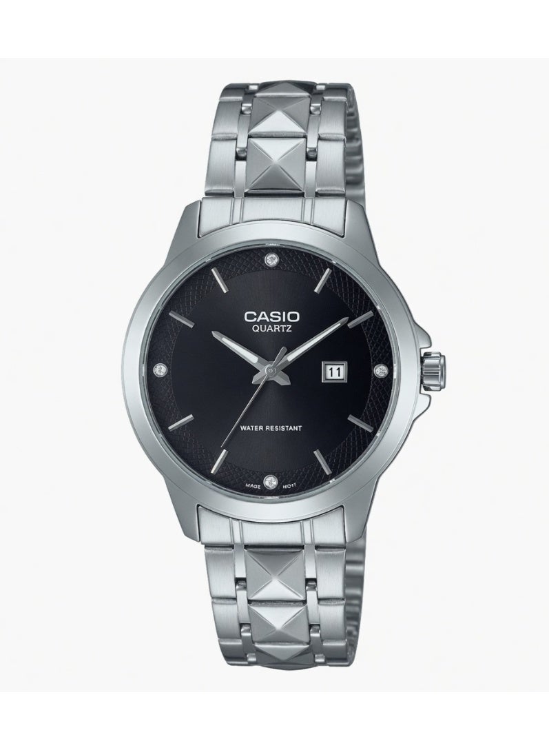 Casio Men's Analog Watch - Black Dial with Crystal Accents, Textured Stainless Steel Band - MTP-V004D-1C