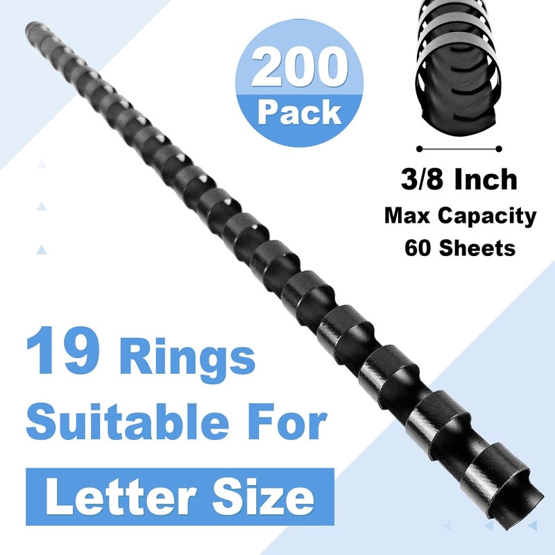 HOUYEE Store 200 Pack 3/8 Inch Plastic Binding Comb 19 Ring, 60 Sheet Capacity, Letter Size Black Comb Binding Spines - Image 2