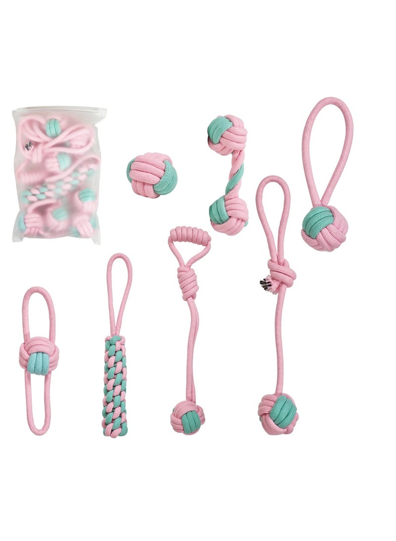 أن ان سي بيتس مجموعة ألعاب الكلاب، 7 تصميمات حبل مع عبوة واحدة، حبل بمقبض حلقي مع كرة، حبل قطني 100% لتنظيف الأسنان وصحة الفم والمضغ العدواني، لعبة شد الحبل للكلاب الصغيرة والمتوسطة، 32 سم (وردي) - Image 1