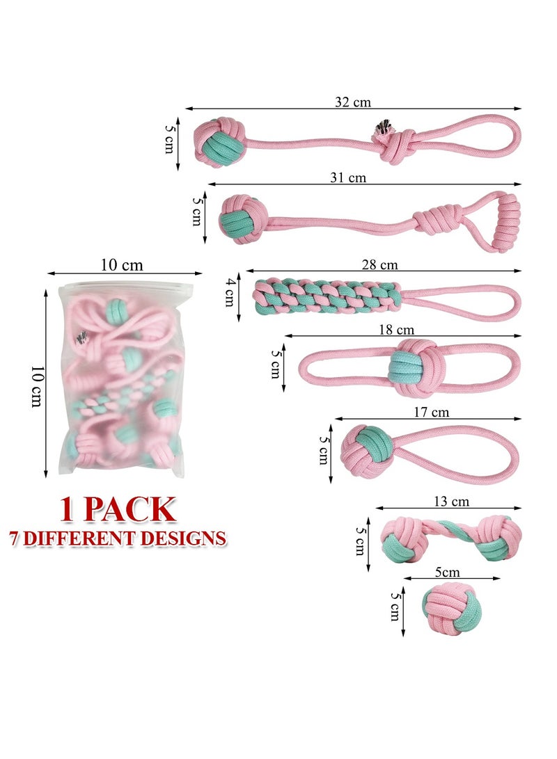 أن ان سي بيتس مجموعة ألعاب الكلاب، 7 تصميمات حبل مع عبوة واحدة، حبل بمقبض حلقي مع كرة، حبل قطني 100% لتنظيف الأسنان وصحة الفم والمضغ العدواني، لعبة شد الحبل للكلاب الصغيرة والمتوسطة، 32 سم (وردي) - Image 2