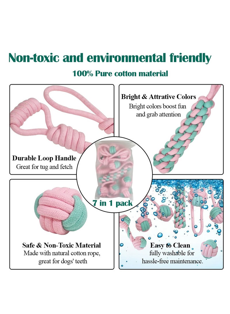أن ان سي بيتس مجموعة ألعاب الكلاب، 7 تصميمات حبل مع عبوة واحدة، حبل بمقبض حلقي مع كرة، حبل قطني 100% لتنظيف الأسنان وصحة الفم والمضغ العدواني، لعبة شد الحبل للكلاب الصغيرة والمتوسطة، 32 سم (وردي) - Image 3