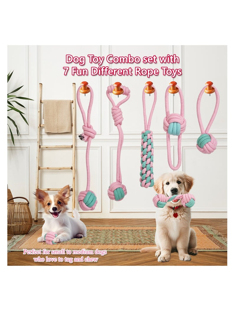 أن ان سي بيتس مجموعة ألعاب الكلاب، 7 تصميمات حبل مع عبوة واحدة، حبل بمقبض حلقي مع كرة، حبل قطني 100% لتنظيف الأسنان وصحة الفم والمضغ العدواني، لعبة شد الحبل للكلاب الصغيرة والمتوسطة، 32 سم (وردي) - Image 4