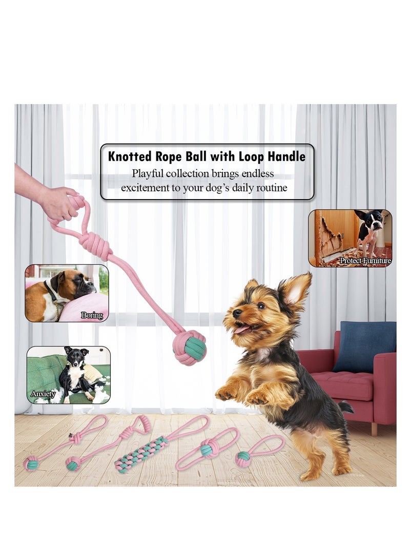 أن ان سي بيتس مجموعة ألعاب الكلاب، 7 تصميمات حبل مع عبوة واحدة، حبل بمقبض حلقي مع كرة، حبل قطني 100% لتنظيف الأسنان وصحة الفم والمضغ العدواني، لعبة شد الحبل للكلاب الصغيرة والمتوسطة، 32 سم (وردي) - Image 5