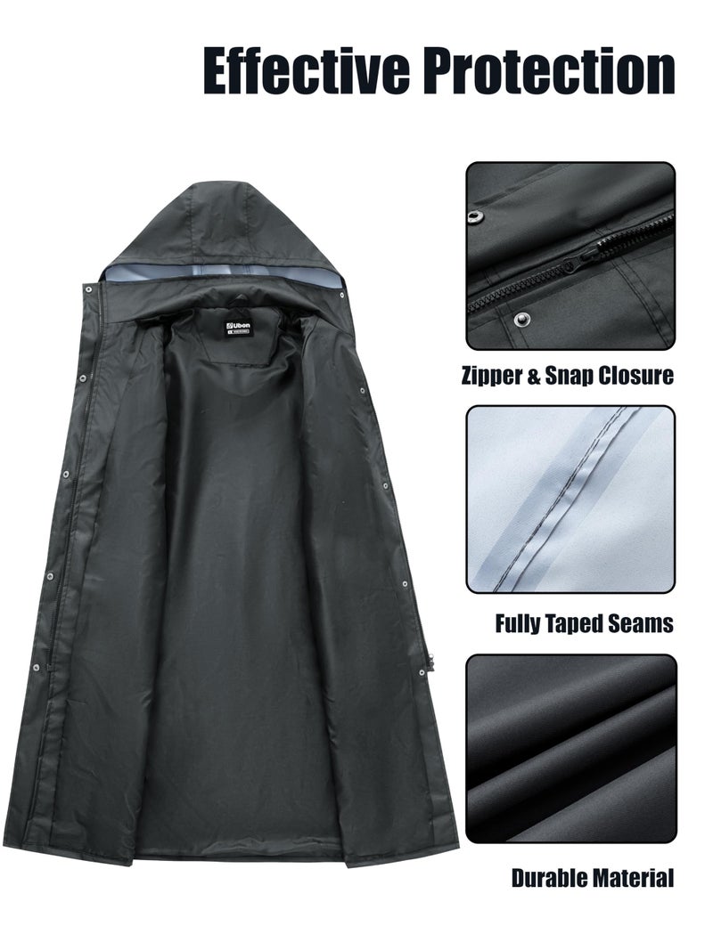 ubon معطف مطر نسائي من أوبون مقاوم للماء مع غطاء رأس معطف مطر طويل قابل للتعبئة سترة واقية من الرياح، أسود، XX-Large - Image 3
