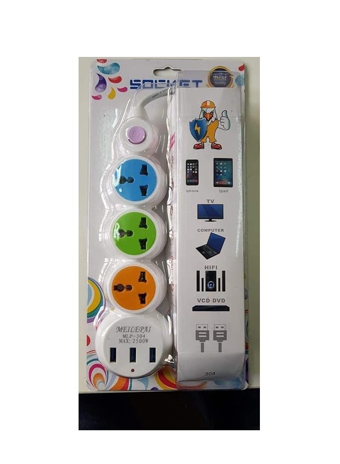 Power Strip with Surge Protector - 3 Sockets and 3 USB Ports, MLP-304, MAX- 