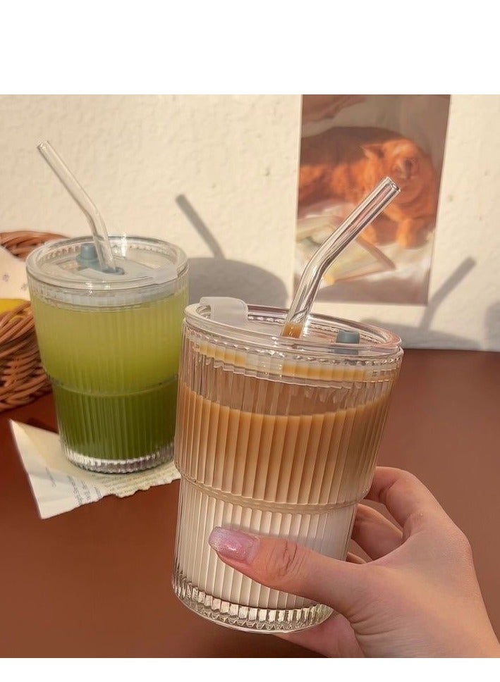 Coffee Cup Simple Vertical Stripes Water Glasses with Lid and Straw - Image 4