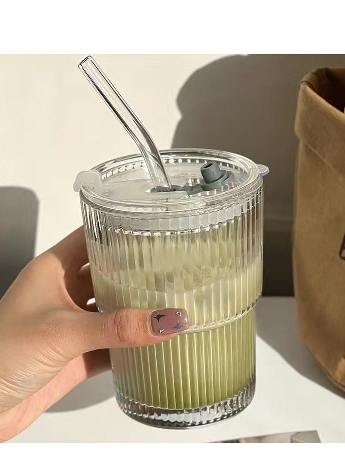 Coffee Cup Simple Vertical Stripes Water Glasses with Lid and Straw - Image 5