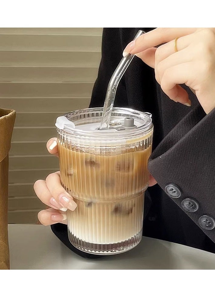 Coffee Cup Simple Vertical Stripes Water Glasses with Lid and Straw - Image 1