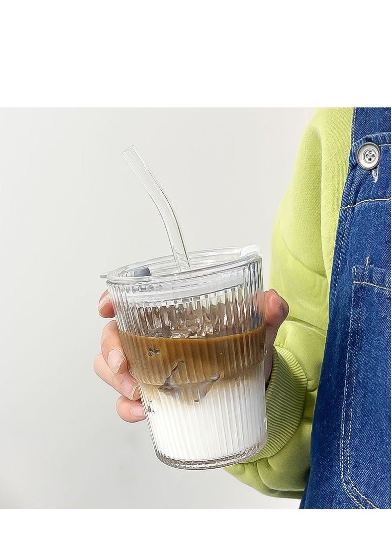 Coffee Cup Simple Vertical Stripes Water Glasses with Lid and Straw - Image 3