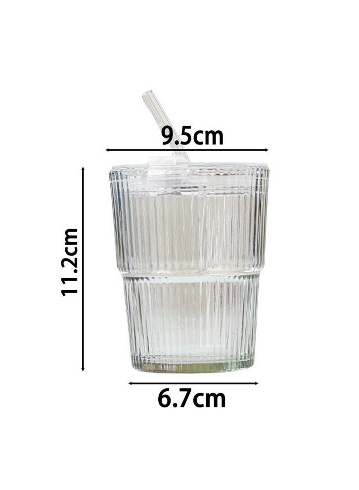 Coffee Cup Simple Vertical Stripes Water Glasses with Lid and Straw - Image 2