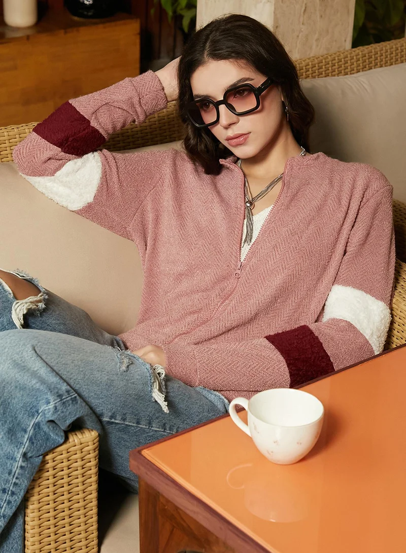 Campus Sutra Women's Salmon Pink Chevron Block Jacket For Casual Wear | Round Neck  | Long Sleeve | Zipper Closure | Jacket Crafted With Comfort Fit For Everyday Wear