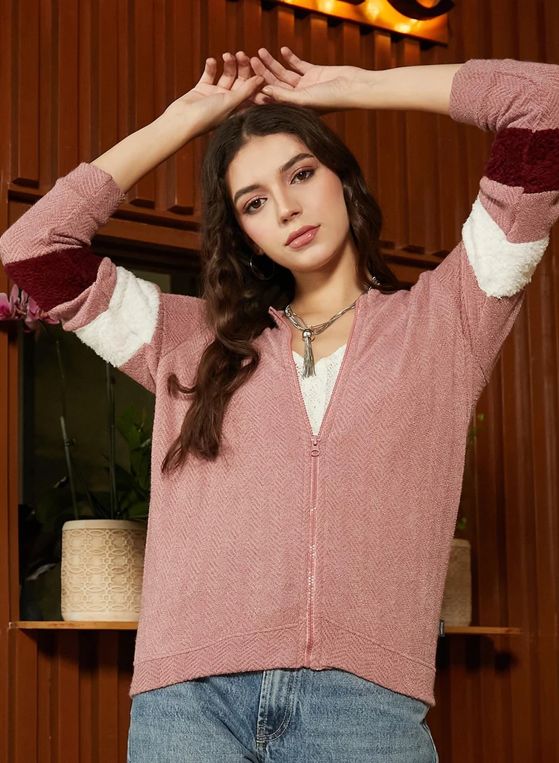 Campus Sutra Women's Salmon Pink Chevron Block Jacket For Casual Wear | Round Neck  | Long Sleeve | Zipper Closure | Jacket Crafted With Comfort Fit For Everyday Wear