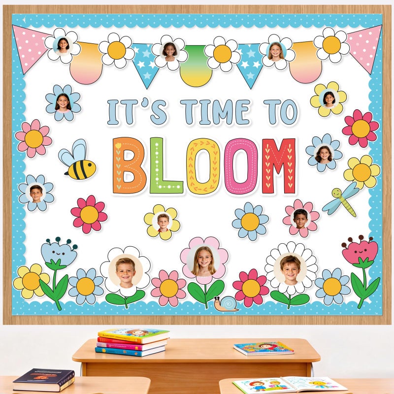 VABAMNA Spring Floral Bulletin Board Decorations for Classroom -It's Time To Bloom Bulletin Board Set Daisy Bee Dragonfly Cutouts DIY Flower Photo Crafts for Summer Spring School Home Wall Door Decor Supplies - Image 1
