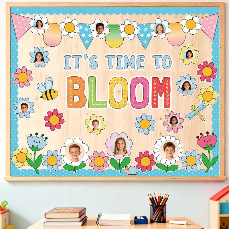 VABAMNA Spring Floral Bulletin Board Decorations for Classroom -It's Time To Bloom Bulletin Board Set Daisy Bee Dragonfly Cutouts DIY Flower Photo Crafts for Summer Spring School Home Wall Door Decor Supplies - Image 3