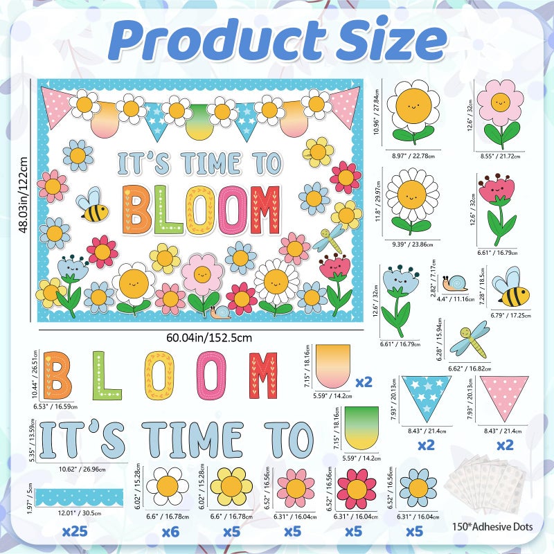 VABAMNA Spring Floral Bulletin Board Decorations for Classroom -It's Time To Bloom Bulletin Board Set Daisy Bee Dragonfly Cutouts DIY Flower Photo Crafts for Summer Spring School Home Wall Door Decor Supplies - Image 2